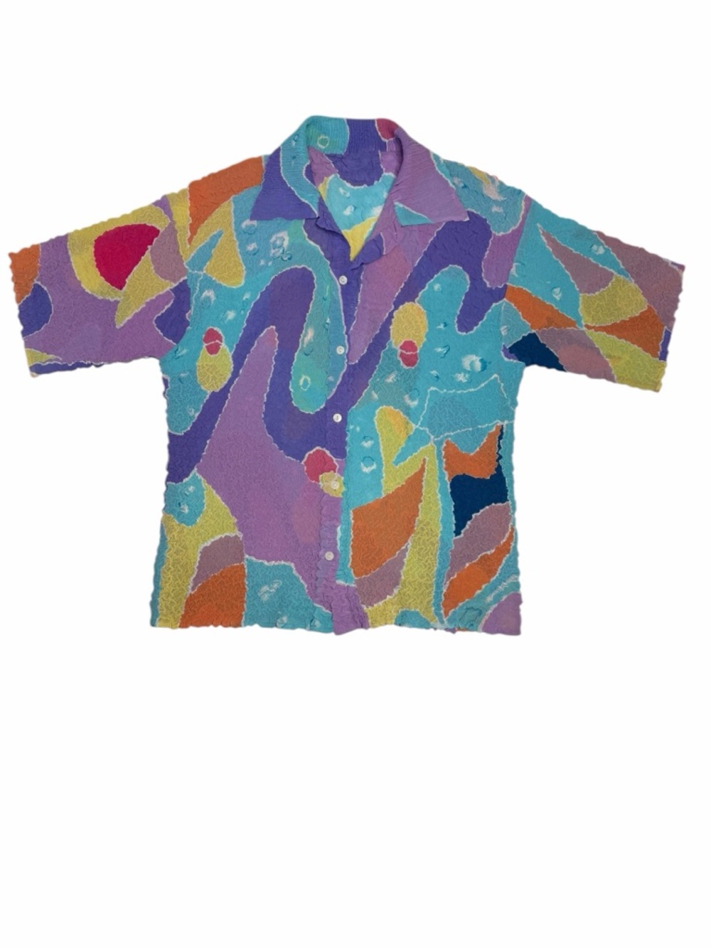 Abstract Retro Textured Button Front Shirt Colorful Crinkle Top 80s